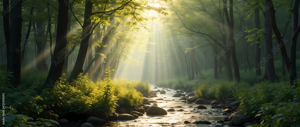 Obraz premium Summer forest landscape with sunbeams breaking through dense foliage and a babbling brook in the foreground