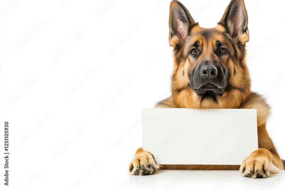 Obraz premium A proud German Shepherd confidently holds a blank banner. The dog's strong posture and intelligent expression make it an ideal symbol of loyalty and companionship.