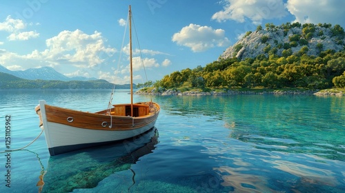 Tranquil scene of a single wooden boat anchored in crystal-clear waters surrounded by lush greenery and serene mountains under a blue sky filled with fluffy clouds photo