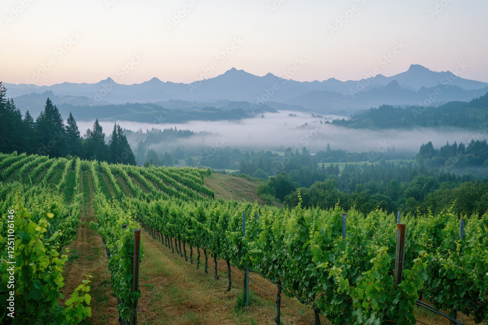 Fototapeta premium A picturesque vineyard bathed in the soft golden light of dawn. Dew-kissed vines stretch infinitely, creating a serene and breathtaking landscape that captures the essence of tranquility.