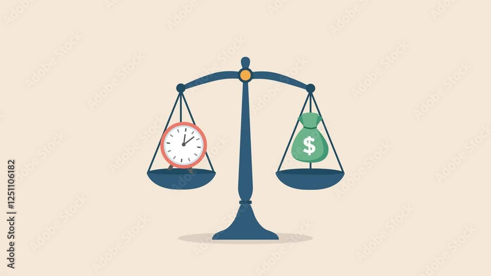 Time and money balance animation. Clock and dollar bag on a scales. animated Time management in business Time and money balance animation. Clock and dollar bag on a scales. animated Time management in business