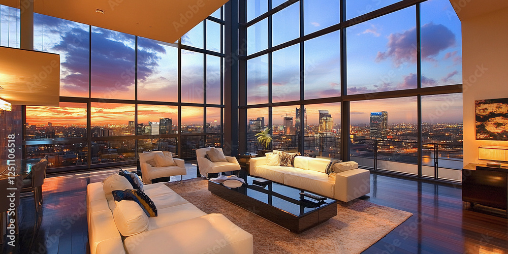 Fototapeta premium Stunning sunset view from a modern urban living room