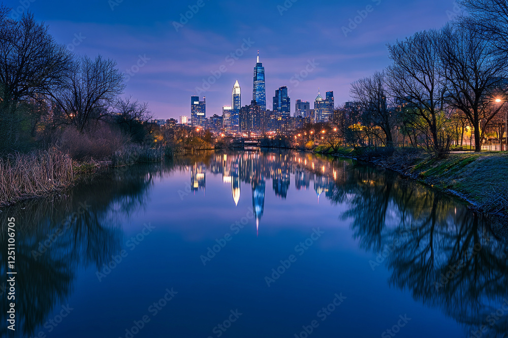 Fototapeta premium City skyline reflecting on calm water during vibrant twilight with colorful hues and bright city lights creating a serene urban landscape