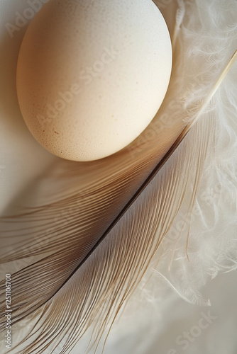 Soft textures of an egg and feather on a light background