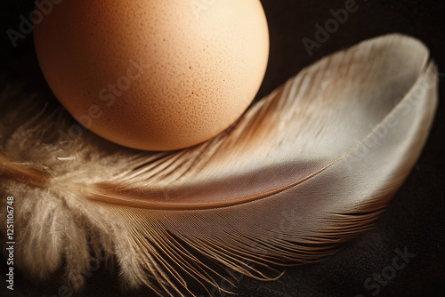 Soft feather rests beside a smooth brown egg