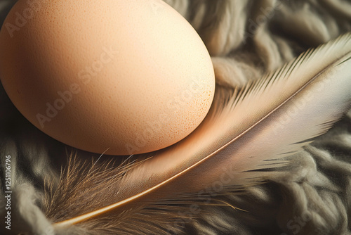 Soft colors of a feather beside an egg on a cozy surface