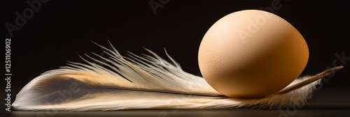 Soft light highlights an egg resting on a feather