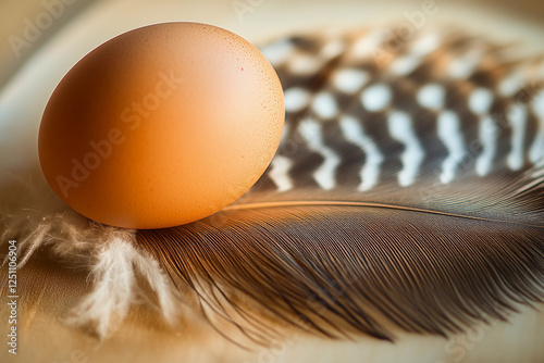 Brown egg resting on decorative feather in soft light