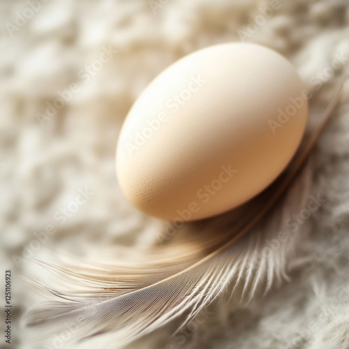 Egg resting on a soft feather on textured surface