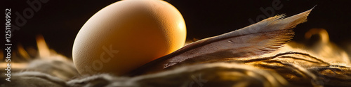 Soft light on a feather and egg resting on a nest