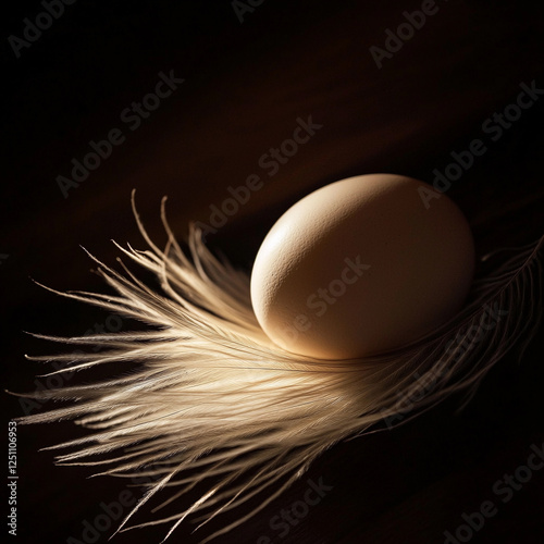 Delicate egg resting on soft feather in dim light
