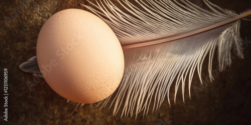 Soft feather rests beside a brown egg on textured surface