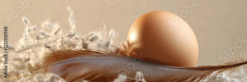 Soft textures of a brown egg with a feather on fabric