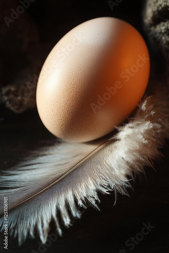 Egg resting on a fluffy feather in soft light