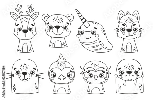 Polar line animals set isolated, outline cute arctic animals, kids vector cartoon, coloring