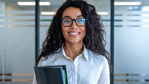 Confident and businesslike young beautiful girl with bouffant and curly hair, smiling in the office, wearing glasses and a white shirt