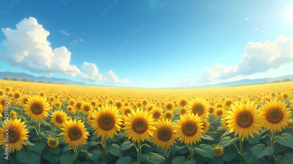 Obraz premium Wild summer landscape with a field of sunflowers stretching to the horizon and a bright blue sky
