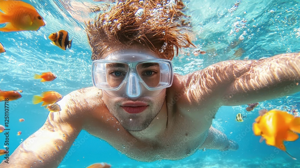 Fototapeta premium Young Man Swimming Underwater Surrounded by Colorful Tropical Fish in Crystal Clear Ocean Water with Bright Sunlight Reflections and Vibrant Marine Life