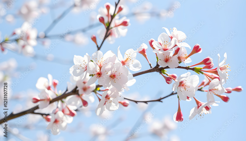 Spring day. Spring nature. Branches of blossoming cherry with soft focus on light blue sky background in sunlight. Beautiful floral image of spring nature. White flowers the fruit tree, doodle art. Spring day. Spring nature. Branches of blossoming cherry with soft focus on light blue sky background in sunlight. Beautiful floral image of spring nature. White flowers the fruit tree, doodle art.