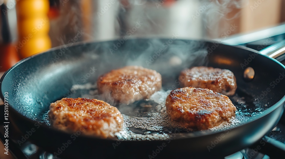 Fototapeta premium Minced cutlets fried in a pan in the kitchen
