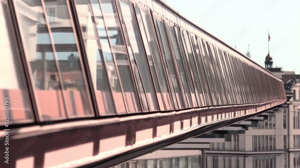 Fototapeta premium A close-up view of a modern bridge with glass panels and urban backdrop.