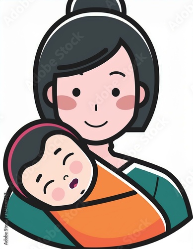 赤ちゃんを抱くお母さんのイラストアイコン。AIで生成