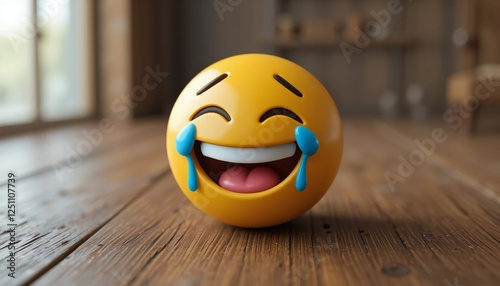 3D rendered laughing emoji with tears of joy placed on a wooden surface.