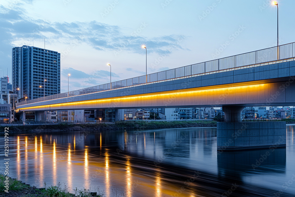 Illuminated suspension bridge over calm river with modern city skyline at dusk Illuminated suspension bridge over calm river with modern city skyline at dusk