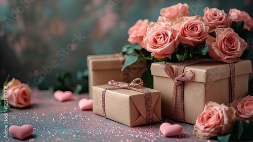Ideal gift setup for her This photo shows elegant roses, chic presents, love hearts, and glitter on a soft pink backdrop.