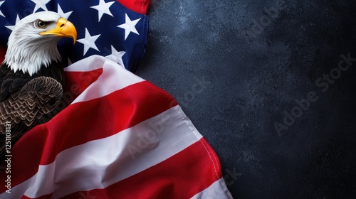 Bald eagle on American flag, dark background, patriotic imagery, memorial use