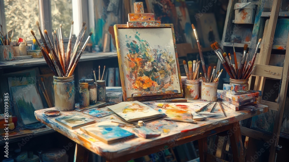 A messy art studio with a painting on an easel and various art supplies scattered around. A messy art studio with a painting on an easel and various art supplies scattered around.