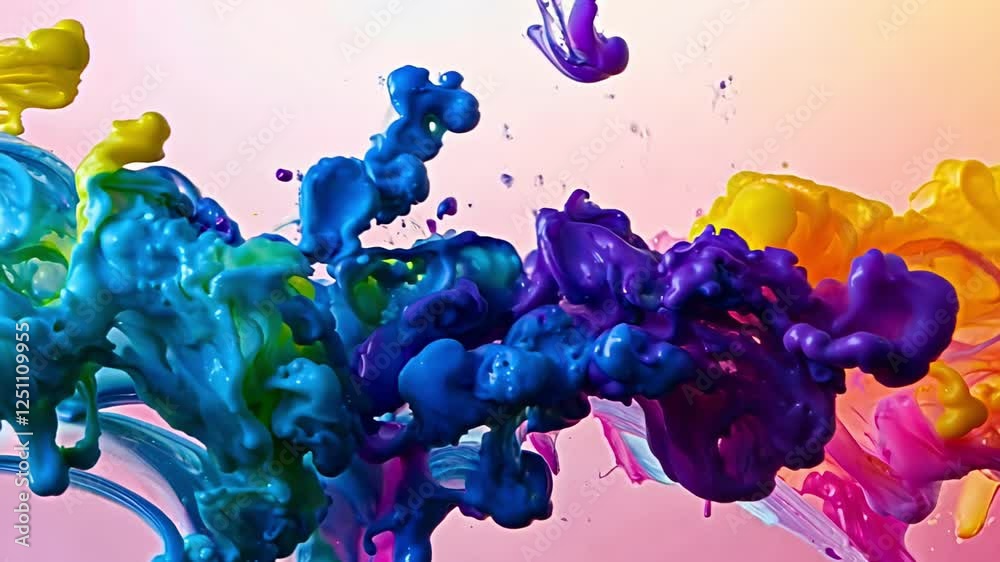 Vibrant ink swirls and splatters in colorful abstract motion on gradient background