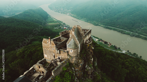 Aerial view of Aggstein Castle - Austria Aggstein sits high above the Danube, with a fantastic view of the World Cultural Heritage site of Wachau