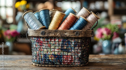Colorful Spools of Thread in Rustic Basket