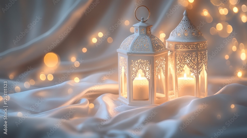 Illuminated lanterns on silk, festive lights, calmness Illuminated lanterns on silk, festive lights, calmness