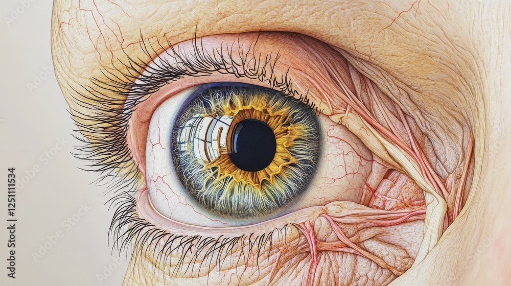 Fototapeta premium Close-up of a human eye showcasing intricate details and surrounding muscles.