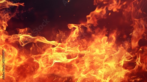Intense fiery blaze of burning flames consuming in a blazing inferno of raging heat and scorching fire with glowing embers sparks and a sense of danger and destruction