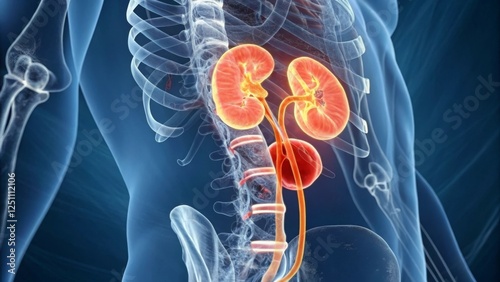 Anatomical illustration of human kidneys and spine, highlighting renal structure and function. photo