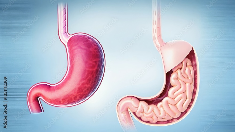 Fototapeta premium Illustration of stomach anatomy, showing both empty and filled states.