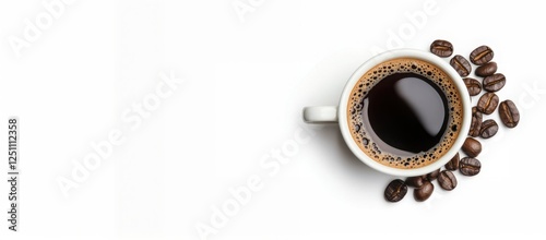 Freshly brewed coffee in a white cup with coffee beans on a white background, perfect for a morning boost