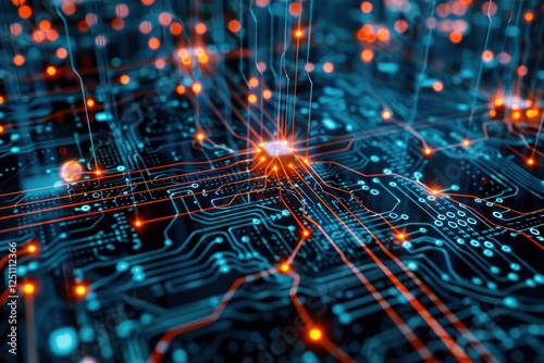 Close-up of a neural network diagram, with glowing nodes and connections, overlaid on a futuristic circuit board background, illustrating the fusion of AI and technology. 