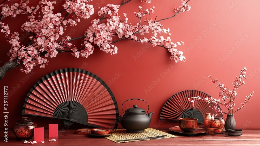 Fototapeta premium New Year banquet arrangement a fans, a tea ceremony set, a placemat, traditional coins, sycee, lucky red envelopes, and sakura on a red background, perfect for promoting your festive offerings.