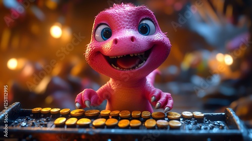 A vibrant and playful cartoon dinosaur character typing joyfully on a colorful keyboard, surrounded by whimsical elements photo