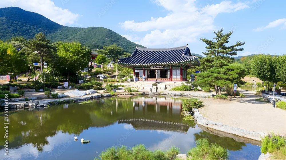 Naklejka premium Korean traditional temple complex reflecting in a pond, serene landscape