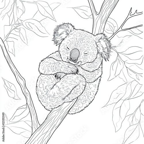 Adorable Sleepy Koala Hanging on Branch Coloring Book Page Design
