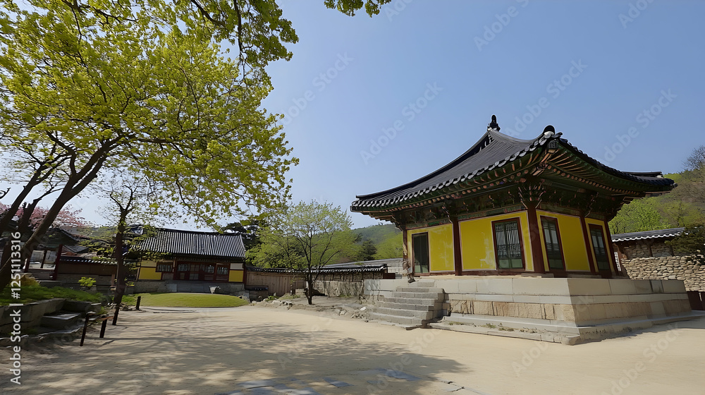 Korean Temple Courtyard under Spring Trees. Possible use Stock photo for travel, tourism, or cultural themes