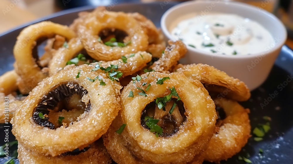 Mushrooms dipped in beer batter and coated with deep fried with a creamy ranch dip Mushrooms dipped in beer batter and coated with deep fried with a creamy ranch dip