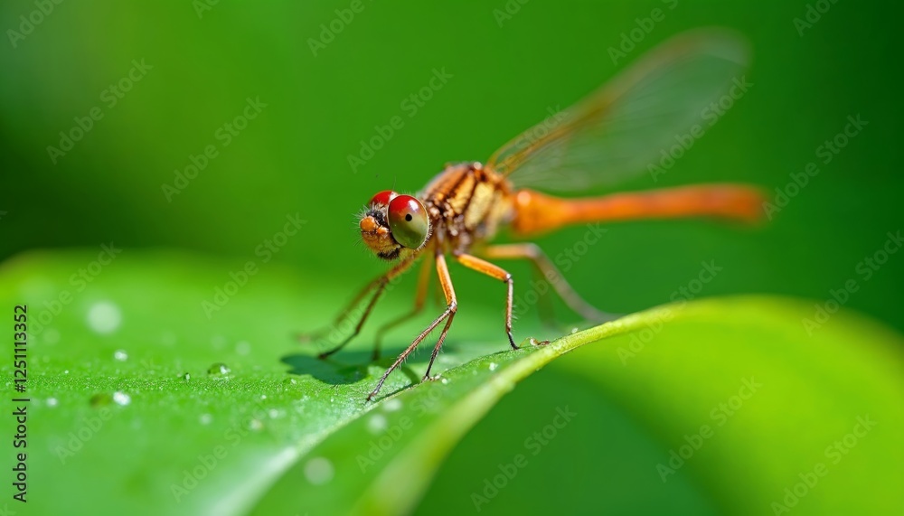 Vibrant Damselfly Resting on a Lush Green Leaf in Close-Up Detail Vibrant Damselfly Resting on a Lush Green Leaf in Close-Up Detail