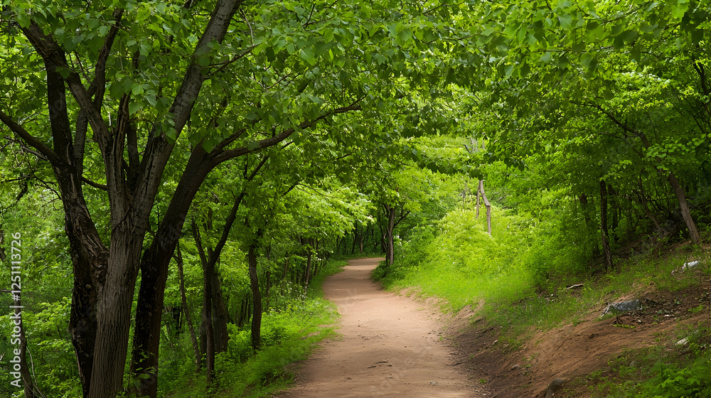 Naklejka premium Lush forest path, winding trail through trees, nature, tranquility, outdoor space, perfect for nature photography