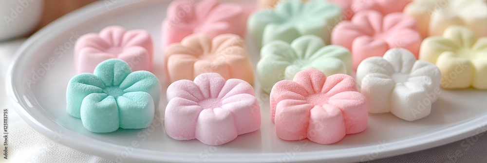 Close-up of pastel-colored marshmallows shaped like flowers, arranged on a white ceramic plate, springtime vibes Close-up of pastel-colored marshmallows shaped like flowers, arranged on a white ceramic plate, springtime vibes